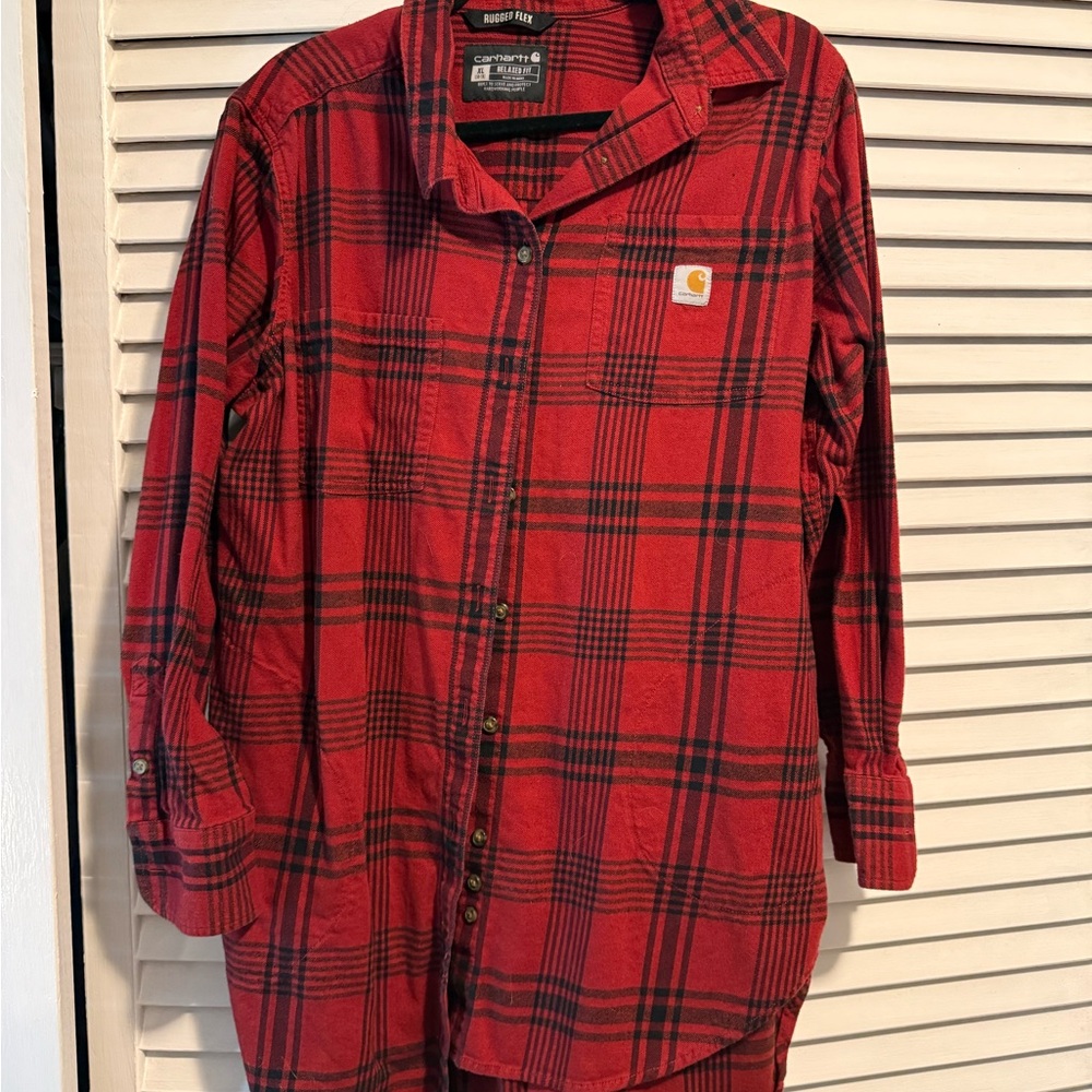 Carhartt Red and Black Plaid Tunic Length Shirt Rugged Flex XL
